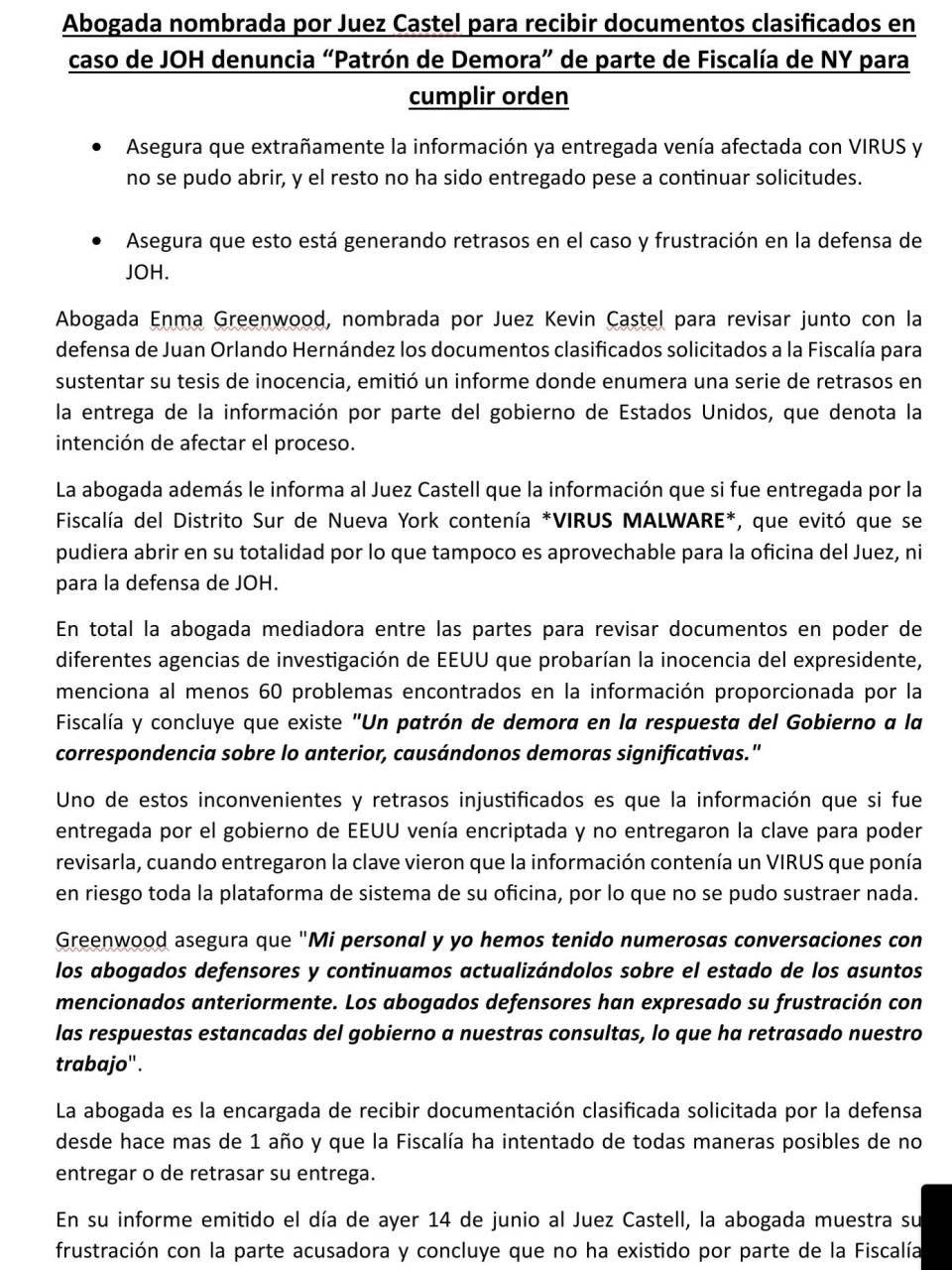 Abogada de JOH solicita posponer audiencia de información clasificada para “poder prepararse”