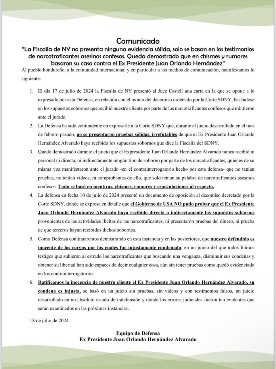 $!Defensa reitera que “no existen pruebas” de que JOH haya recibido soborno de narcotraficantes