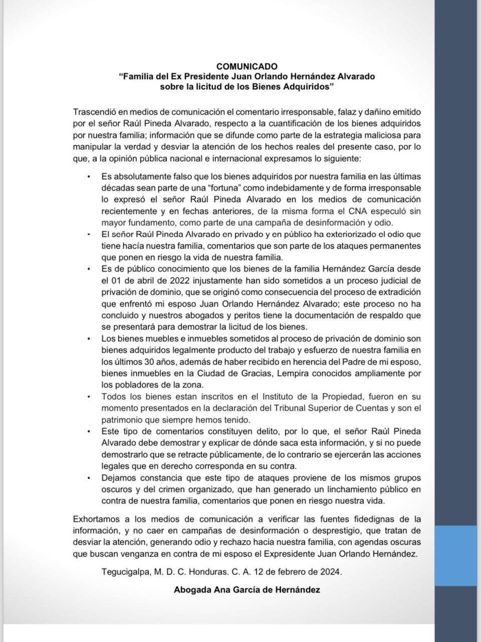 $!Familia de JOH niega que bienes sean parte de “millonaria fortuna de origen ilícito”