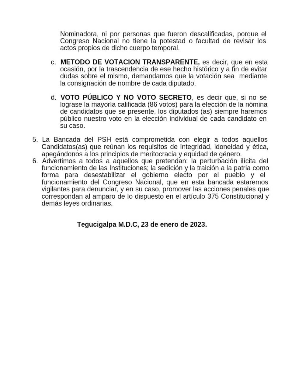 Bancada del PSH: “El voto debe ser público para evitar el ‘tilín, tilín’ famoso en nuestro entorno”