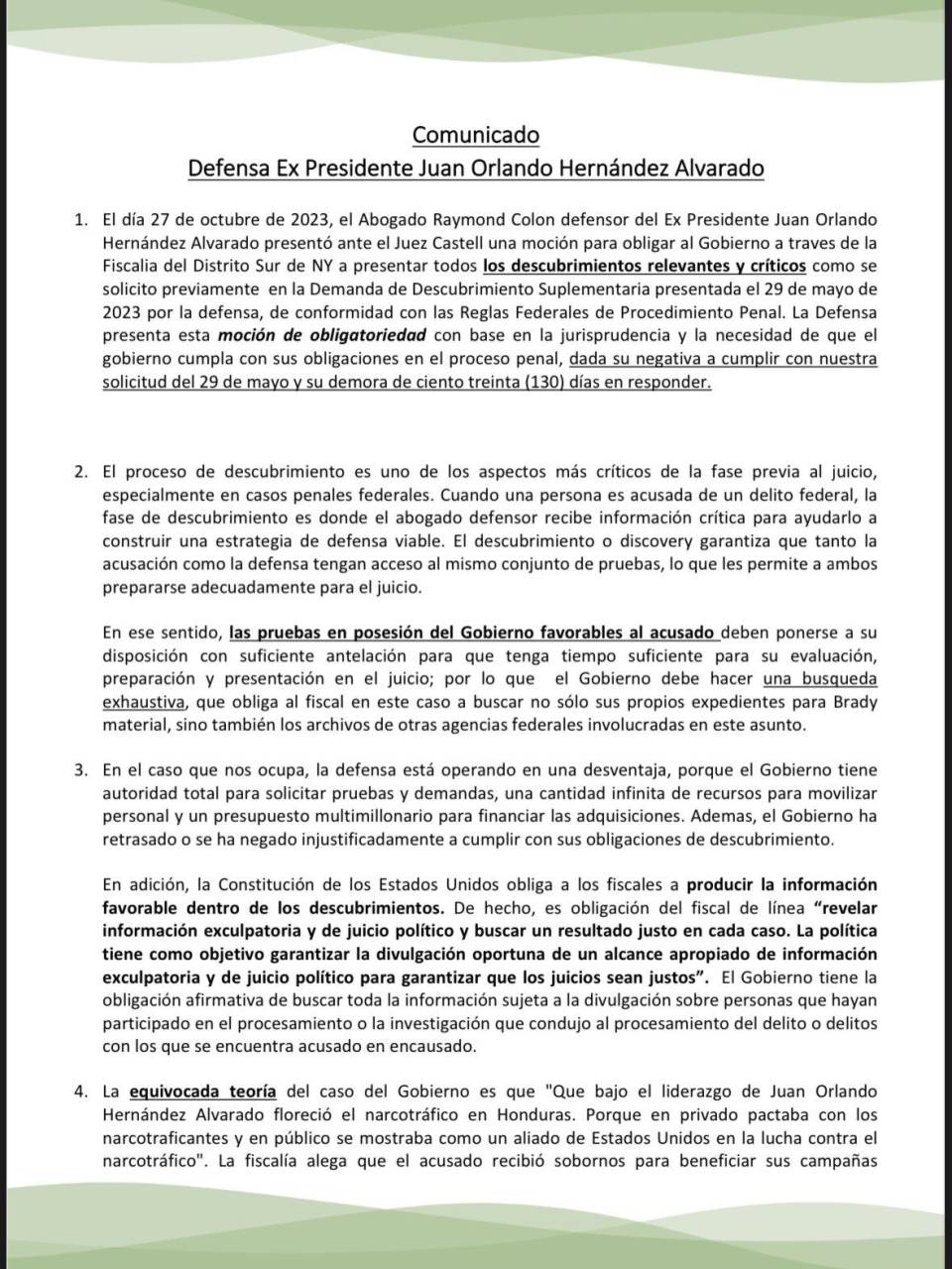 Defensa de JOH presiona a Fiscalía de NY por descubrimientos relevantes