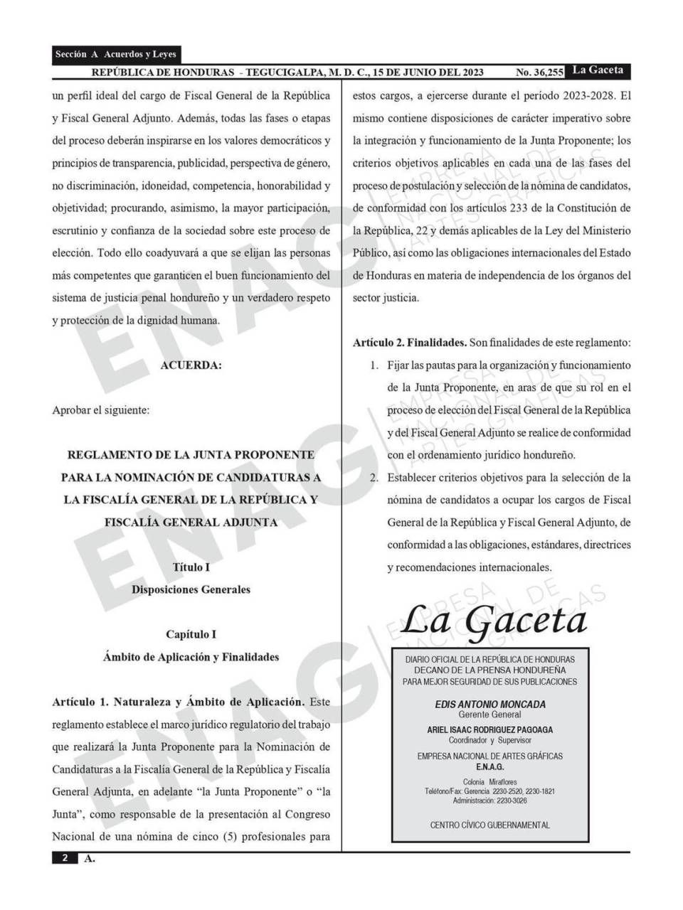 Junta Proponente publica su reglamento interno para la elección del fiscal general y adjunto