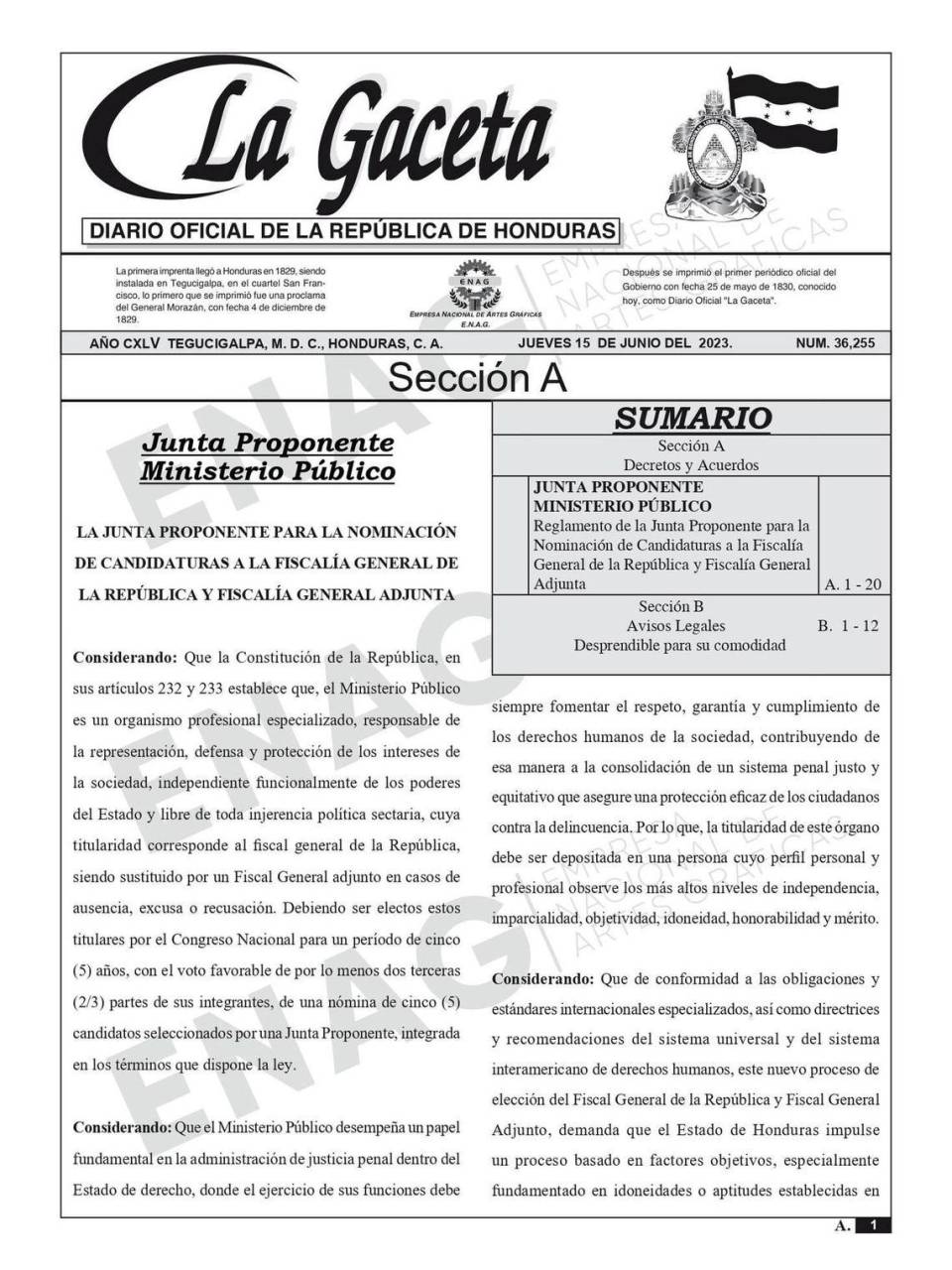 Junta Proponente publica su reglamento interno para la elección del fiscal general y adjunto