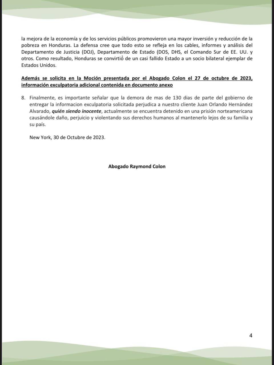 Defensa de JOH presiona a Fiscalía de NY por descubrimientos relevantes