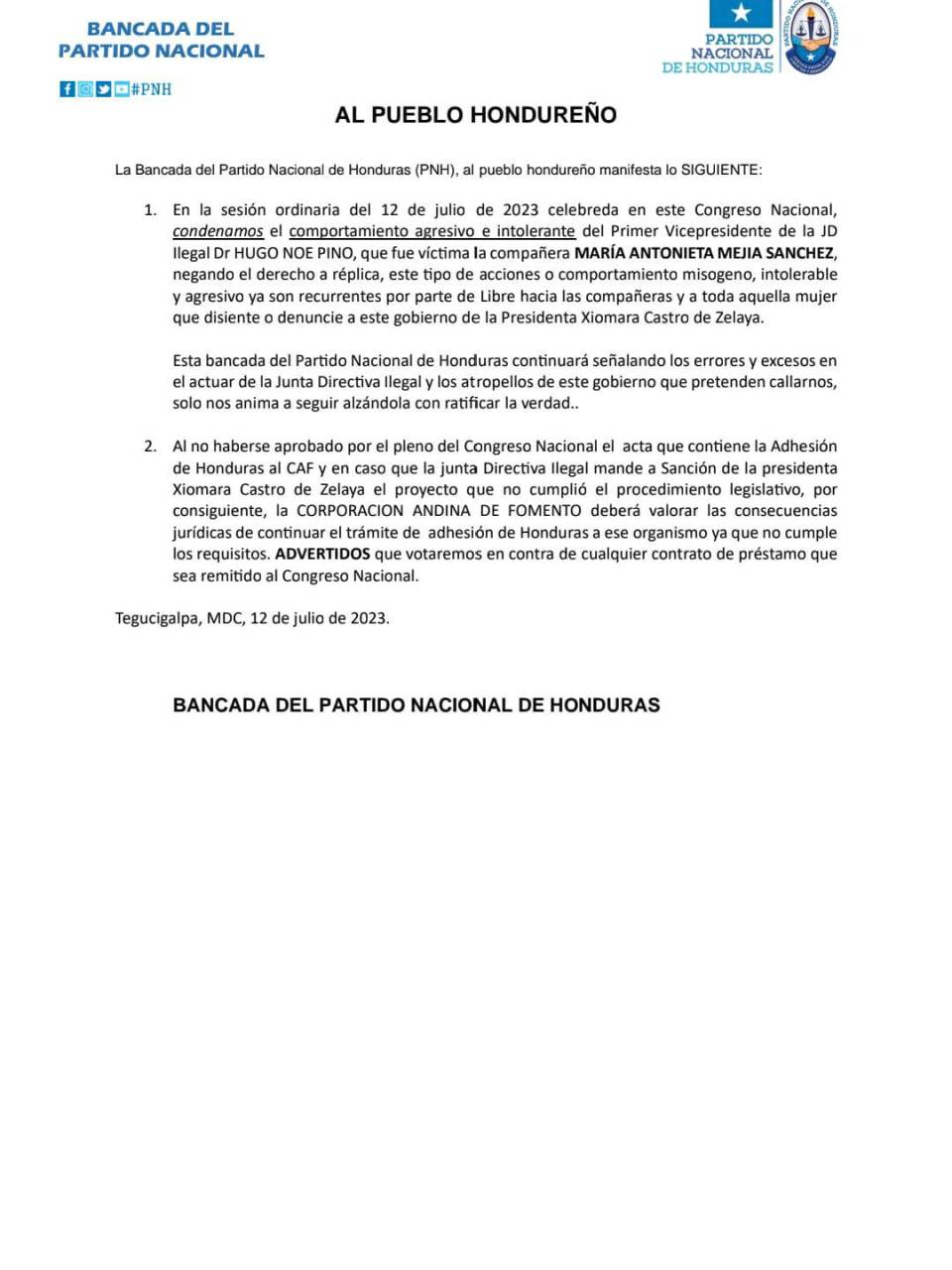 Denuncian “comportamiento agresivo” de Hugo Noé Pino contra María Antonieta Mejía