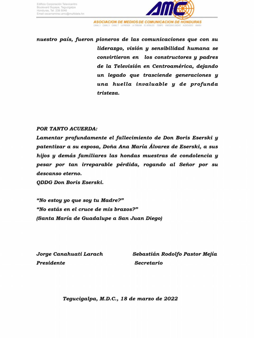 Asociación de Medios de Comunicación de Honduras lamenta deceso del empresario Boris Eserski