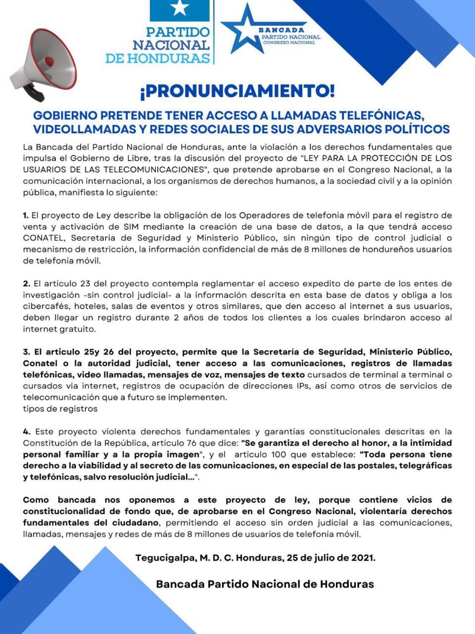 Partido Nacional reitera su negativa a la “Ley de escuchas” e insiste que accedería a comunicaciones privadas