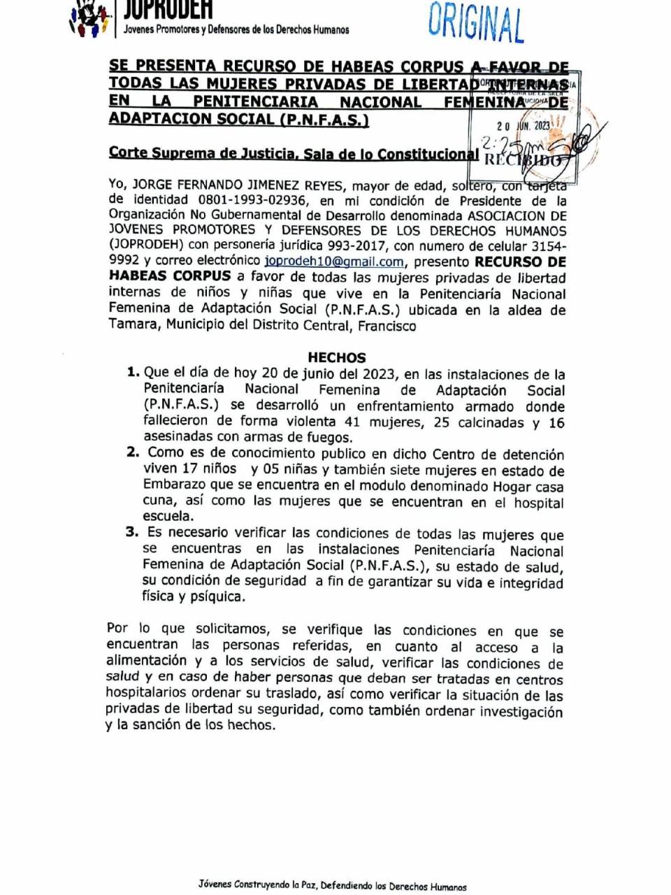 Presentan recurso de Habeas Corpus en favor de privadas de libertad en PNFAS