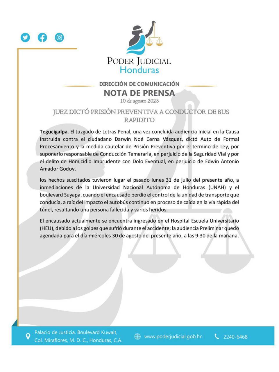 Dictan prisión preventiva contra conductor de rapidito que causó accidente en bulevar Suyapa