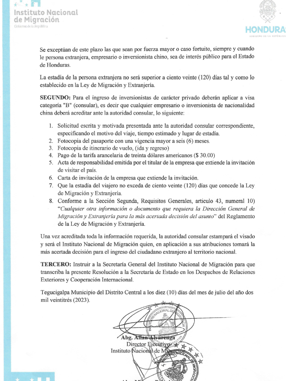 $!En la resolución No RI-001-2023/SD de Migración se establece que un ciudadano chino que desee llegar a Honduras a realizar una inversión privada debe solicitar una visa consular categoría B y no una facilidad migratoria.