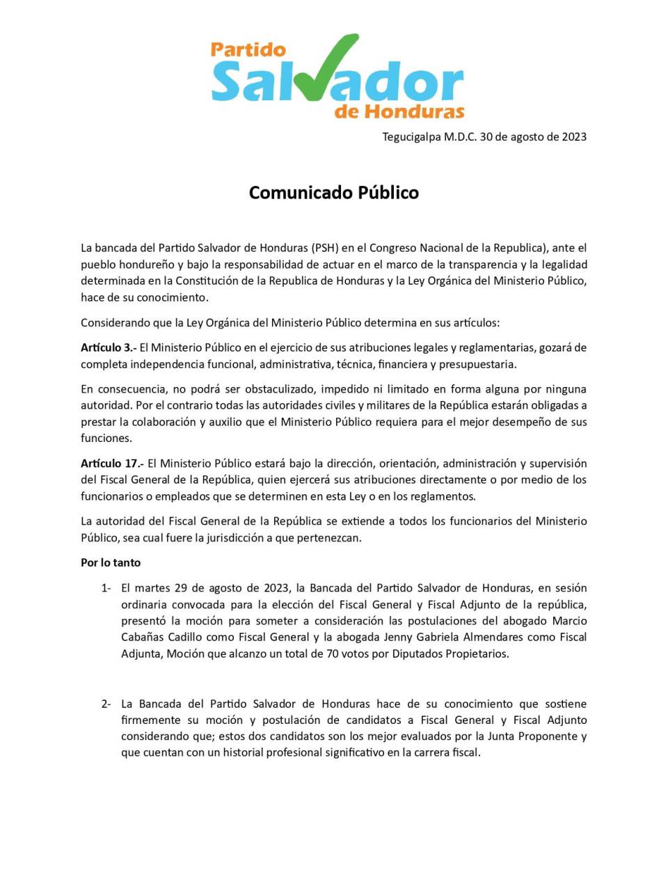 PSH mantiene apoyo a Marcio Cabañas y Jenny Almendares para fiscal general y adjunto