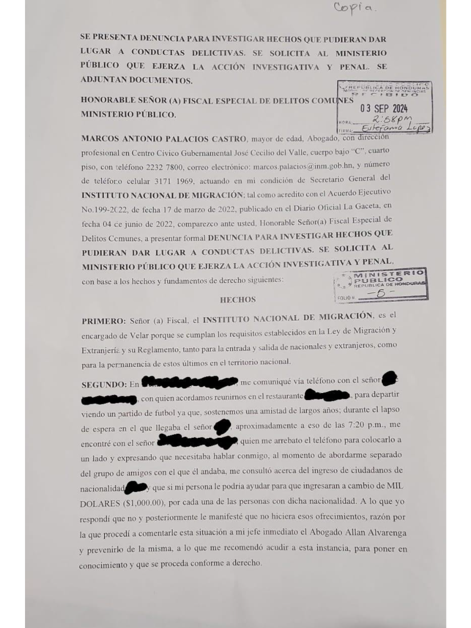 $!La Unidad Investigativa de EL HERALDO Plus accedió a la denuncia en la Fiscalía por un intento de soborno por 1,000 dólares por cada chino que ingrese bajo la figura de facilidad migratoria