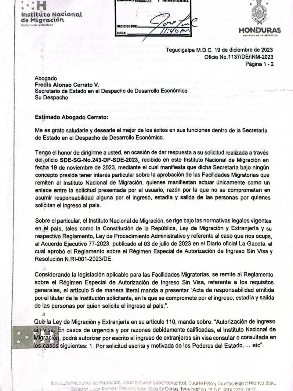 $!Este otro documento forma parte de un intercambio de oficios entre la SDE y el INM por irregularidades en las facilidades migratorias.