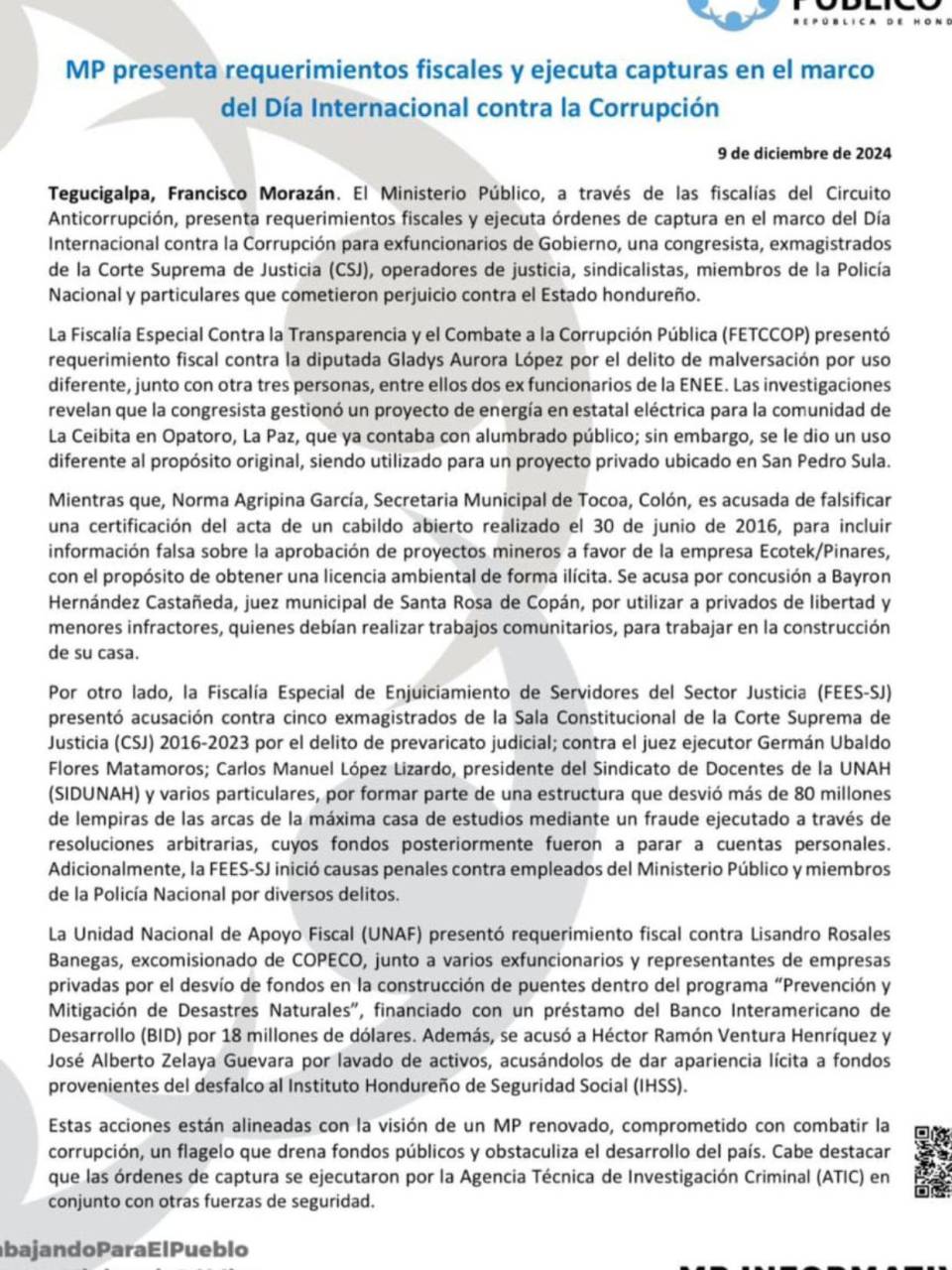 Requerimiento fiscal contra exdiputada Gladys Aurora López y Lisandro Rosales