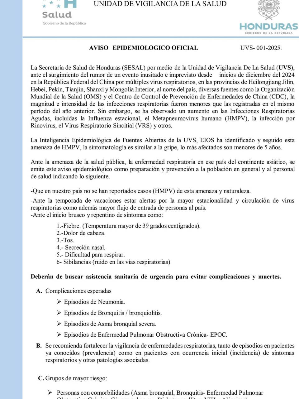 Honduras emite alerta por aumento de enfermedades respiratorias en China