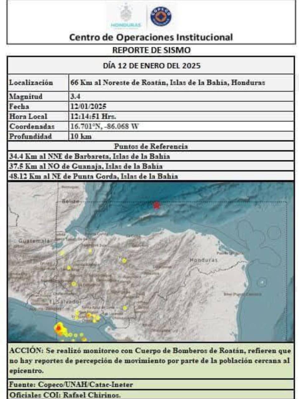 Reporte oficial de Copeco respecto al sismo registrado en Roatán este domingo 12 de enero.