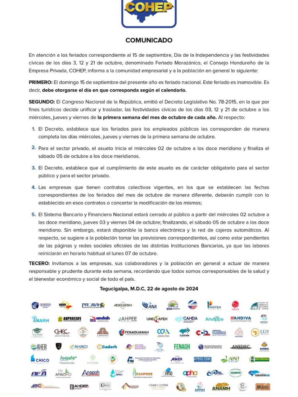 ¿Cuándo inicia la Semana Morazánica 2024 para empleados de la empresa privada?