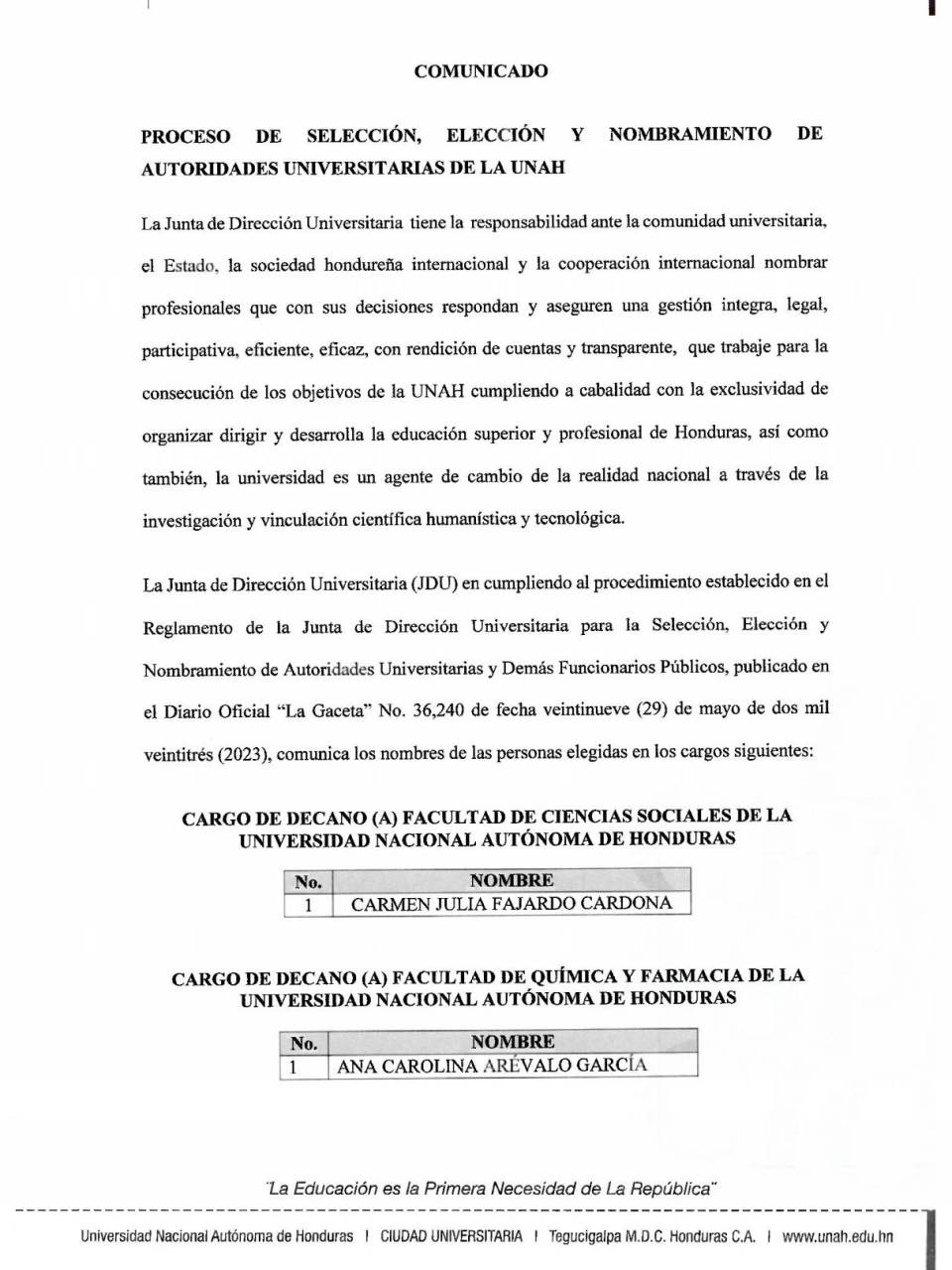 Junta universitaria de la UNAH nombra a decanos y directores de centros regionales