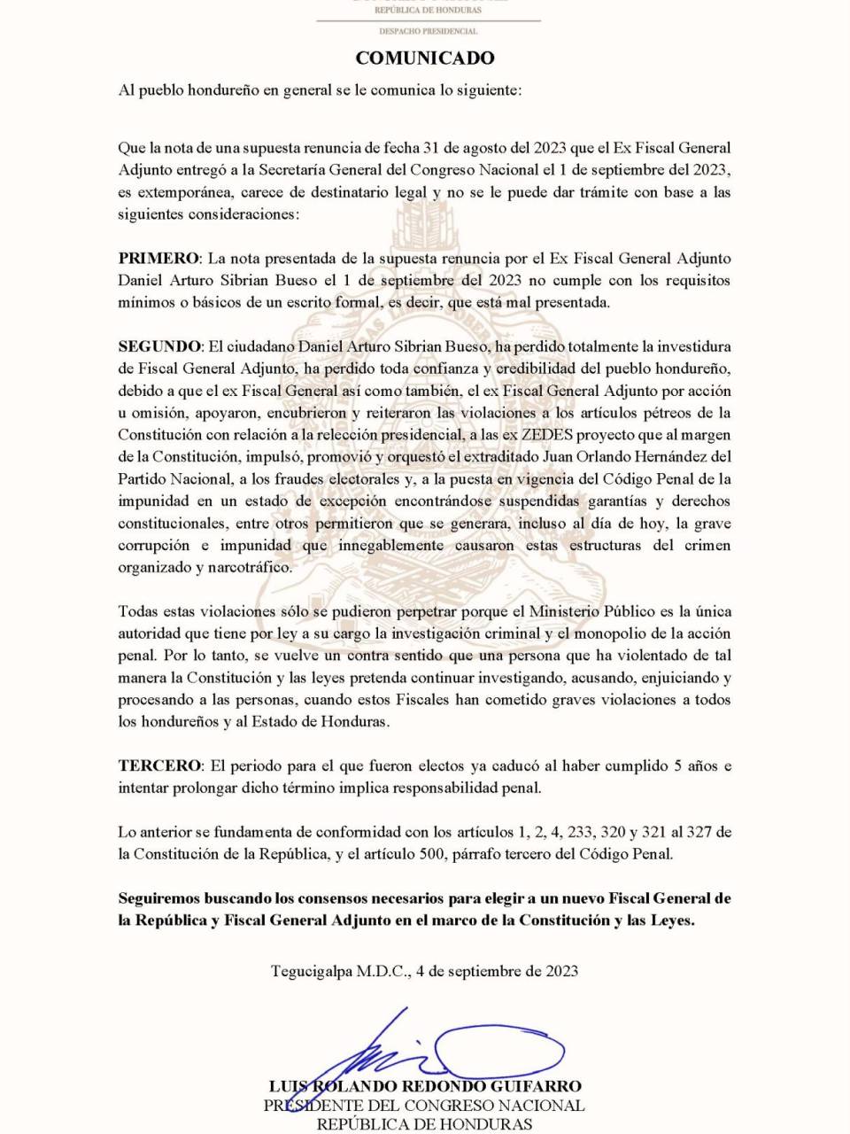 Congreso Nacional no dará trámite a carta de renuncia presentada por Daniel Sibrián