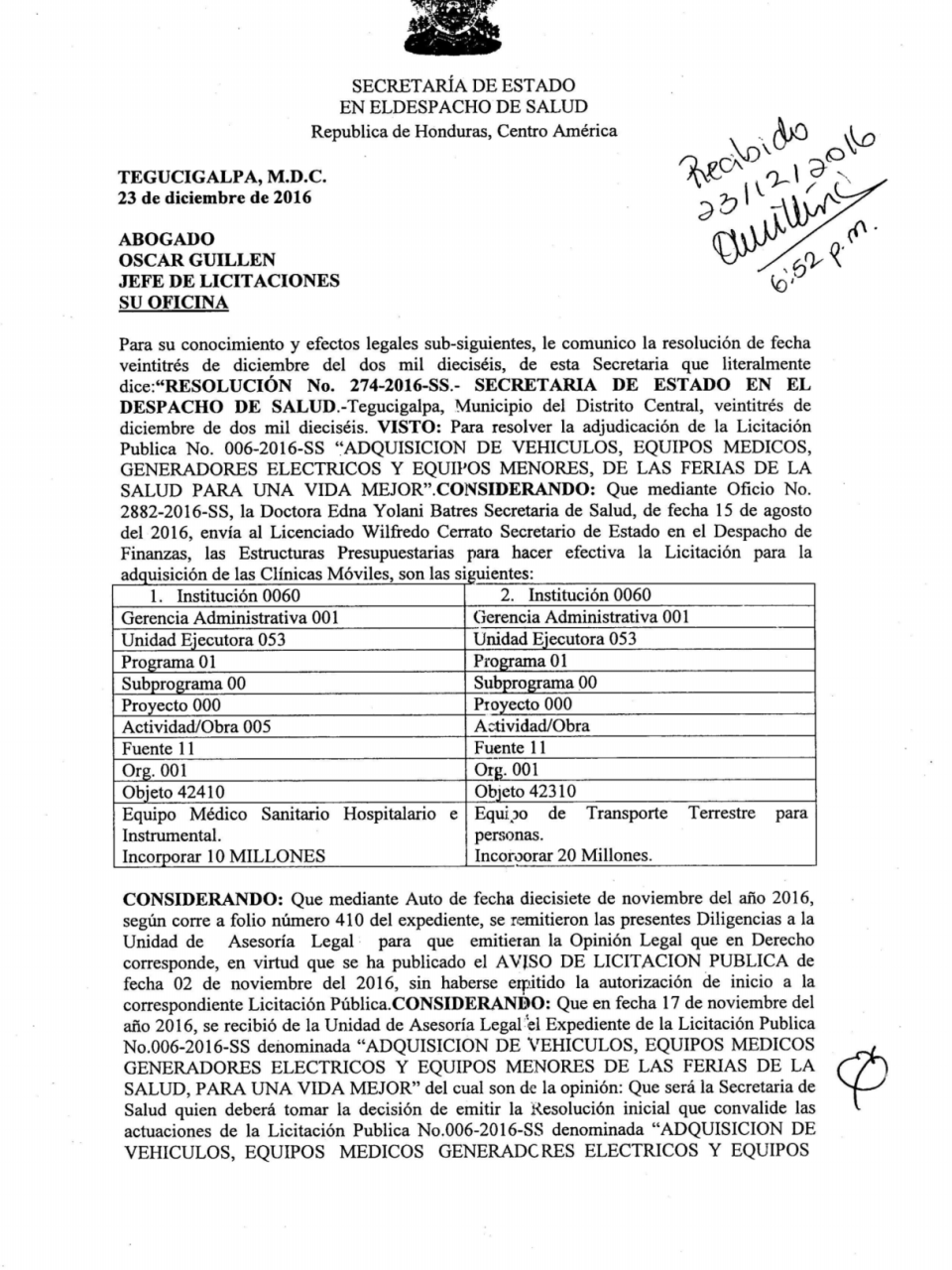 $!Este documento corresponde al proceso de adjudicación para la compra de las clínicas