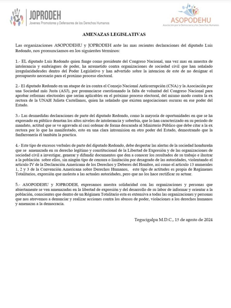 Organizaciones de DDHH se solidarizan con sociedad civil tras críticas de Redondo