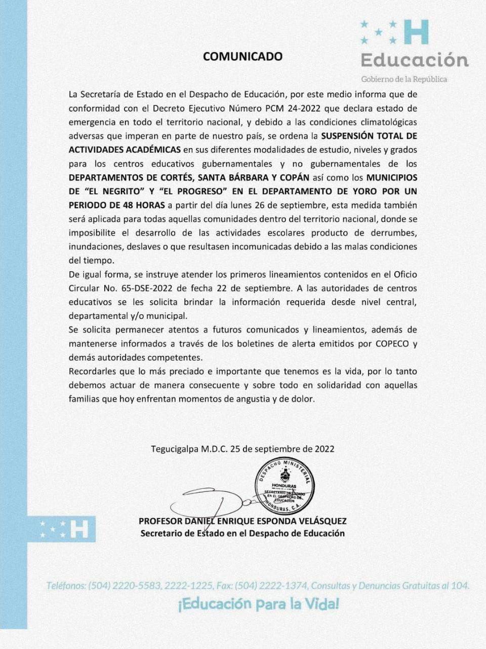 Suspenden las clases en tres departamentos de Honduras, afectados por las lluvias