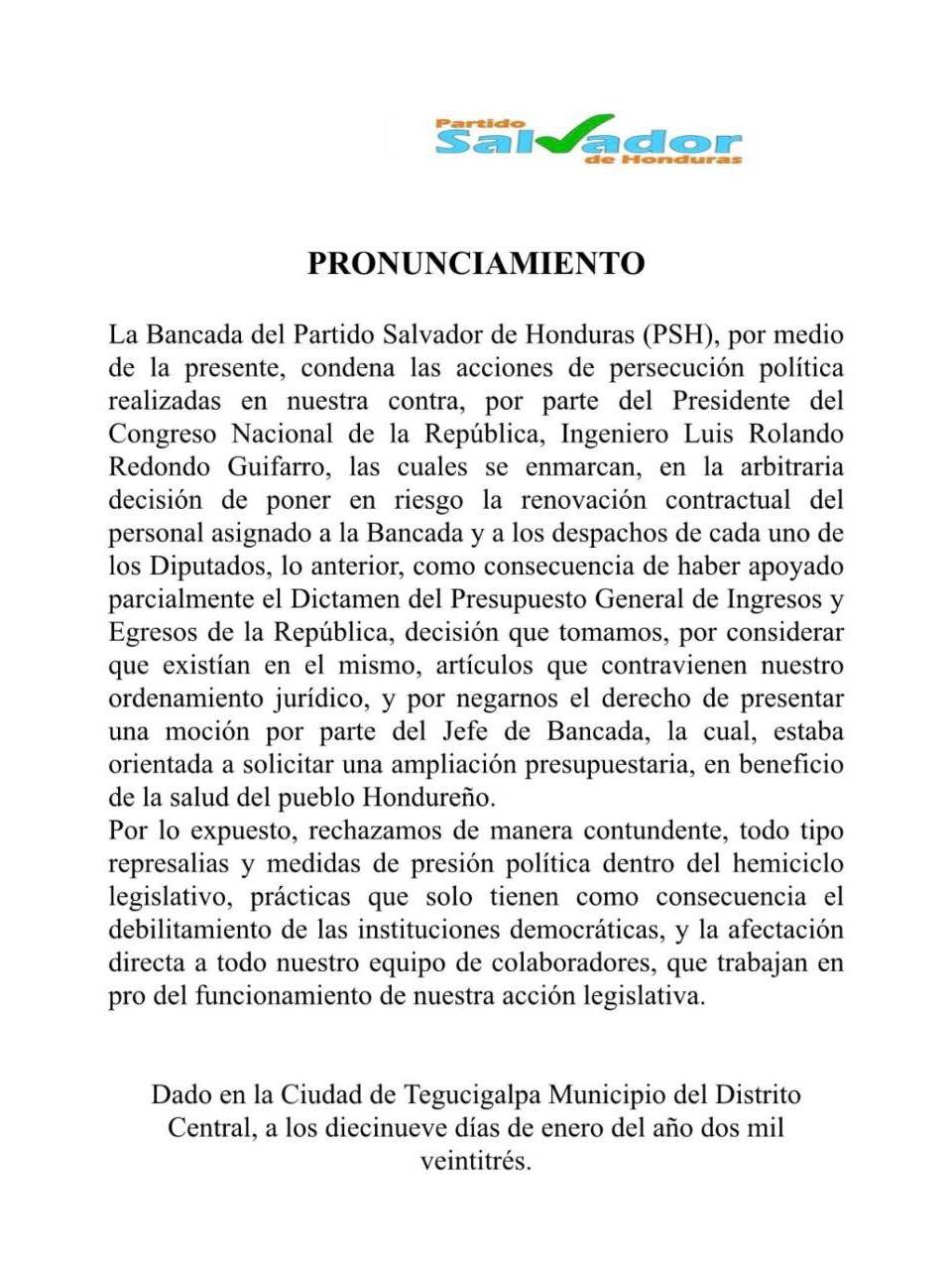 El PSH se suma a denuncias contra Luis Redondo por persecución política