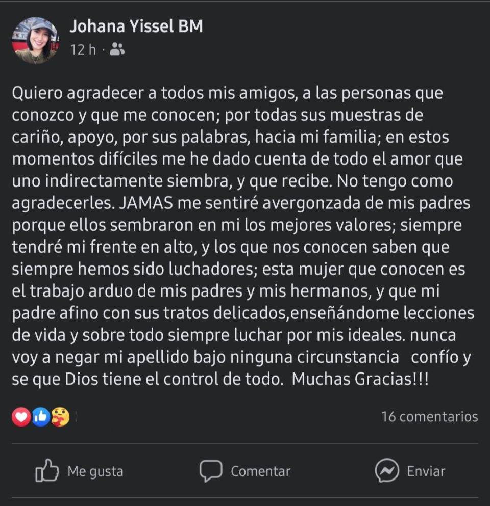 El mensaje de la hija de “El Tigre” Bonilla en su cuenta de Facebook.