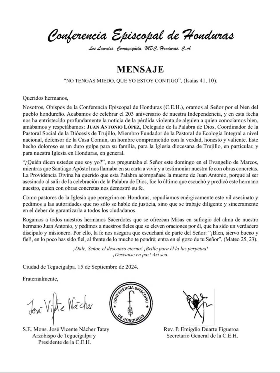 Conferencia Episcopal pide justicia por asesinato de ambientalista Juan López