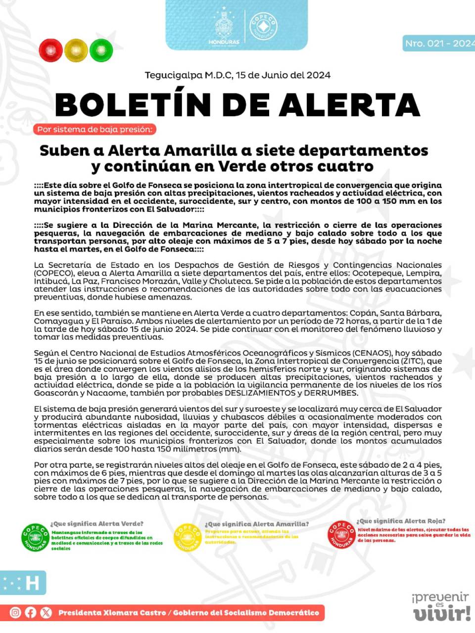 Elevan a alerta amarilla siete departamentos; cuatro continuarán en verde