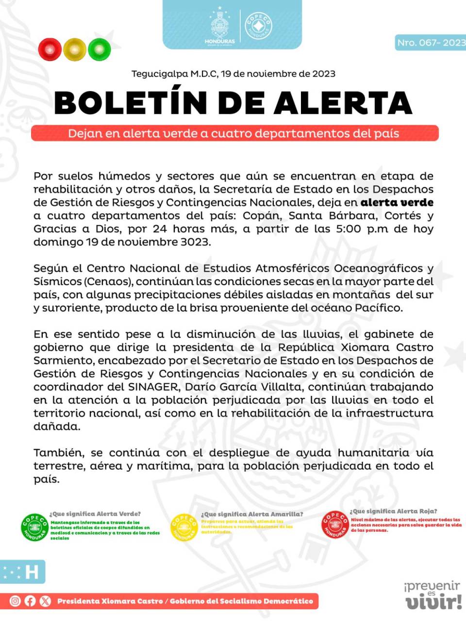 Copeco decreta alerta verde en cuatro departamentos de Honduras