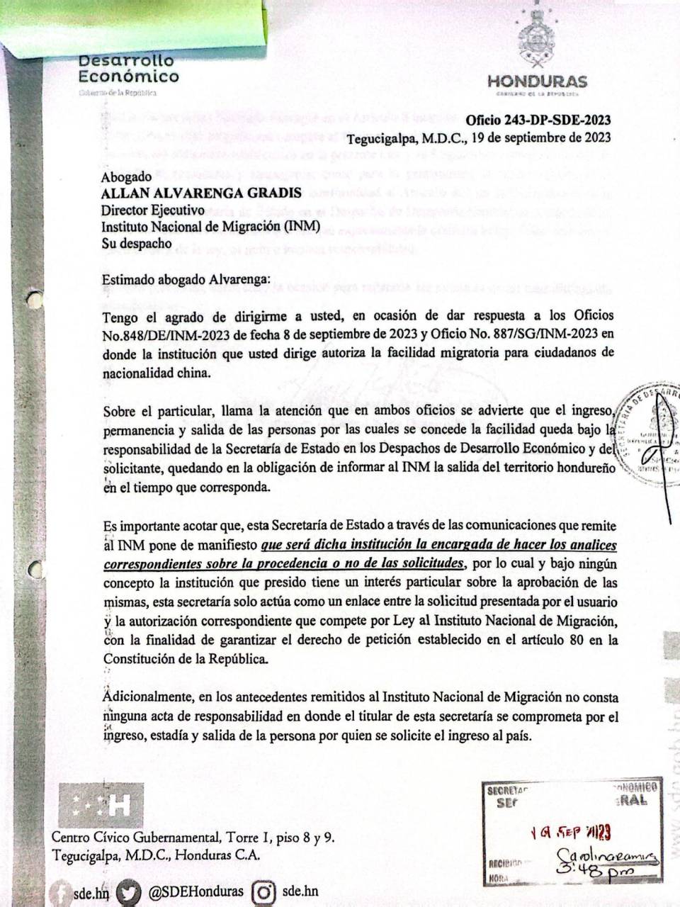 $!La Secretaría de Desarrollo Económico advirtió a Migración que sus autoridades se desmarcaban de la responsabilidad referente a las facilidades migratorias para inversionistas privados chinos.