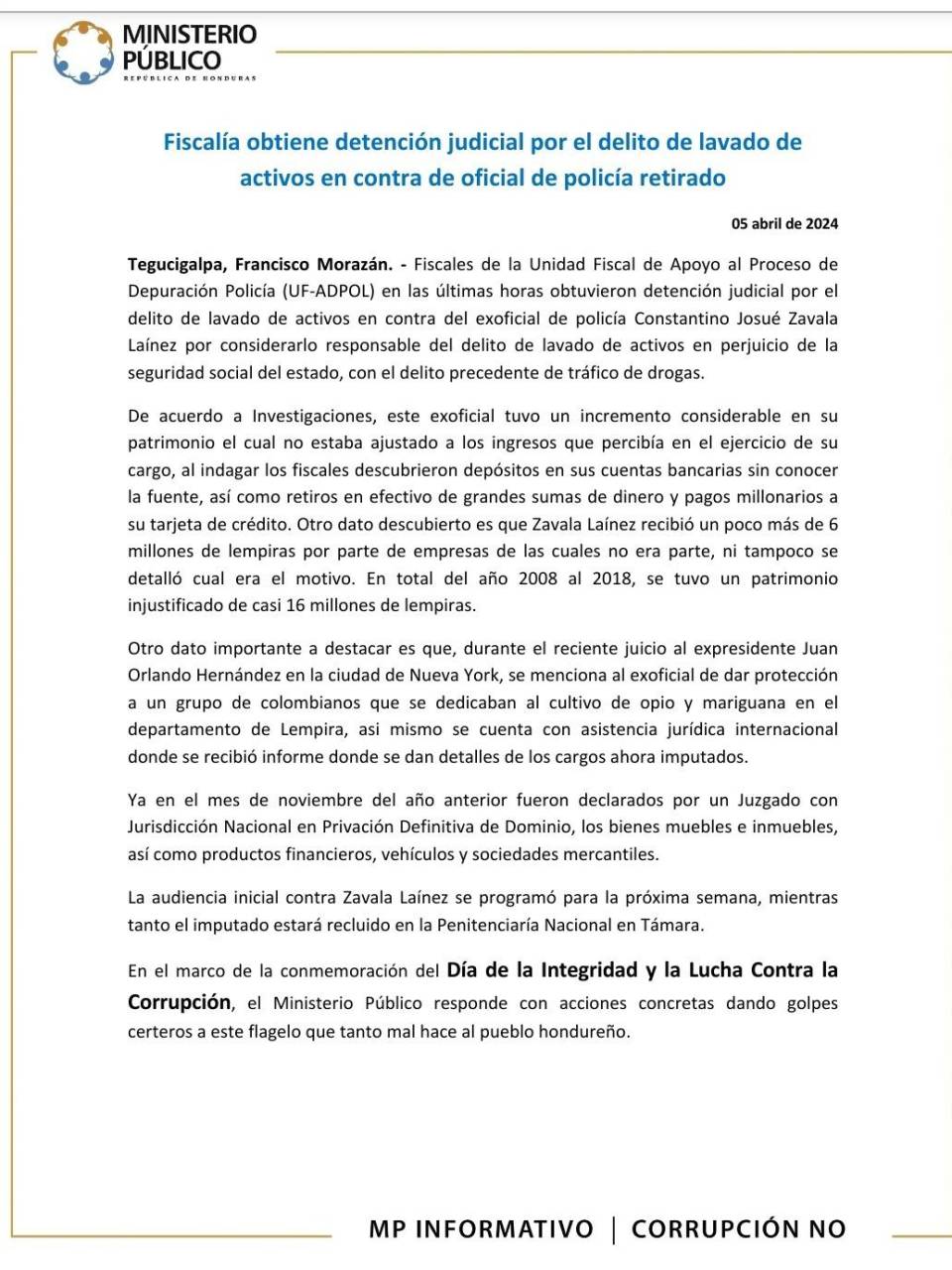 Preso queda comisario en condición de retiro, Constantino Zavala, por lavado de activos