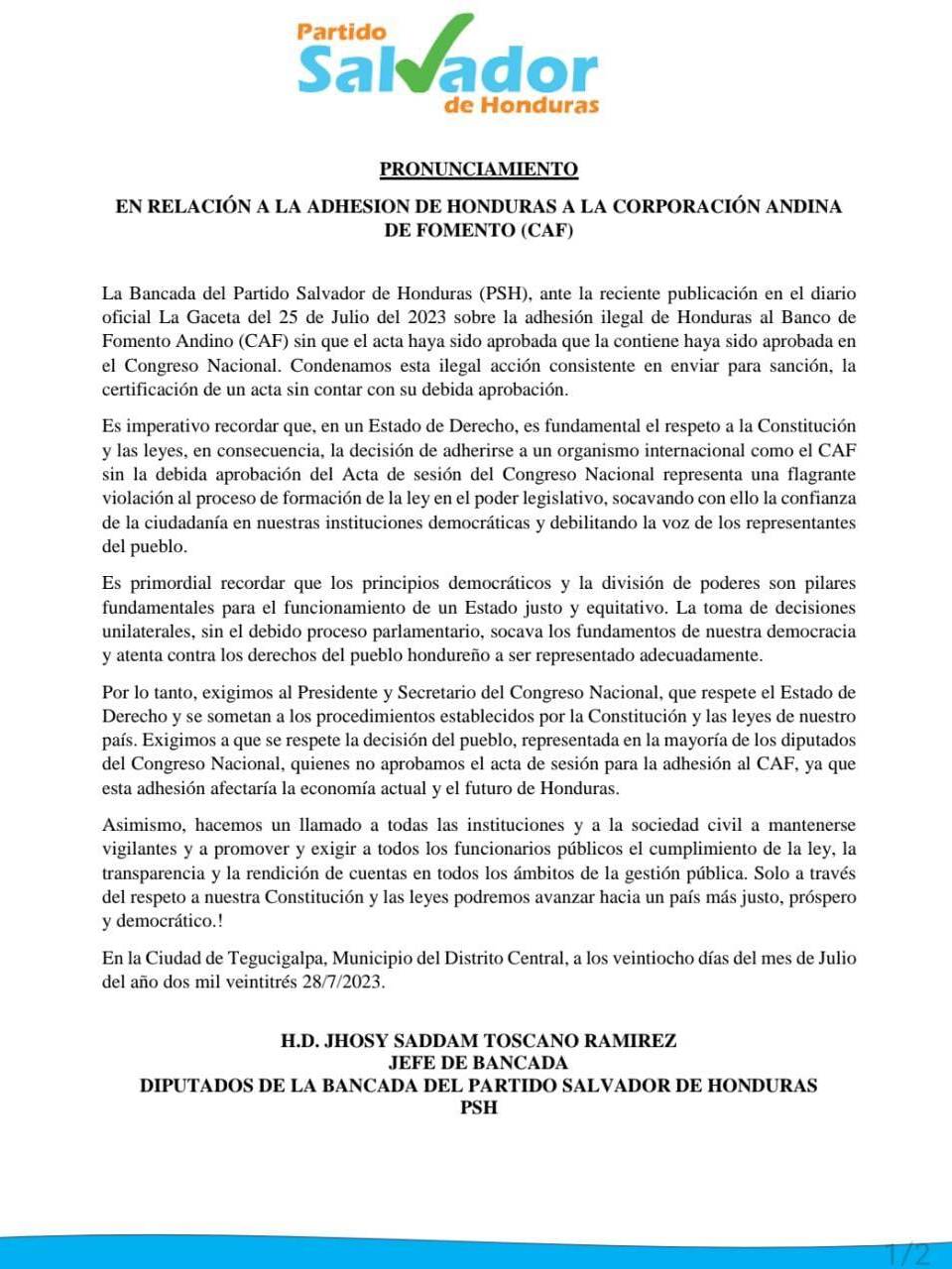 Bancada del PSH tras publicación de adhesión a la CAF: “Socava la confianza del pueblo en nuestras instituciones”