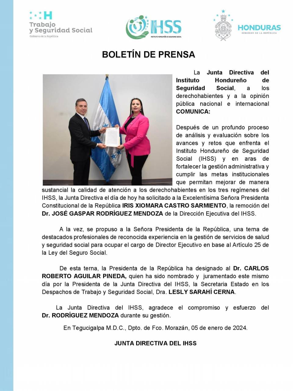 Destituyen a Gaspar Rodríguez como director ejecutivo del IHSS; ahora es Carlos Aguilar