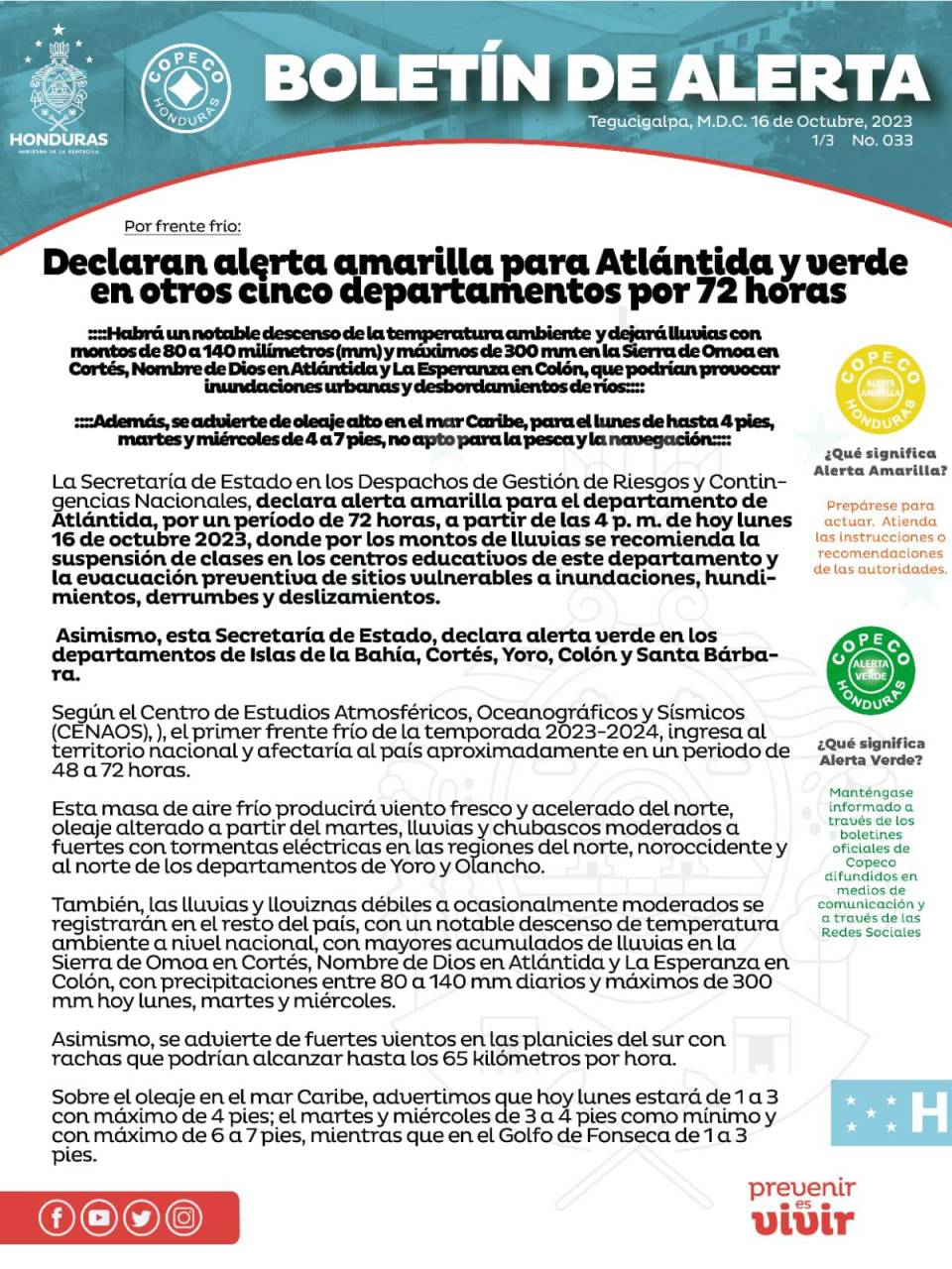 Declaran alerta amarilla para Atlántida y verde para cinco departamentos