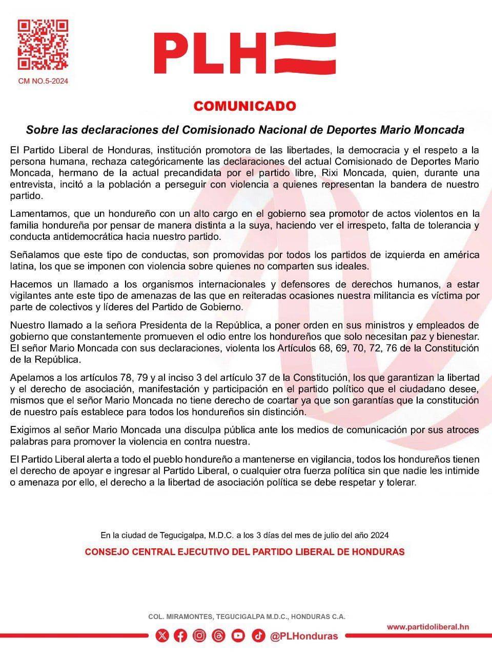 Mario Moncada llama a colectivos a agredir a candidatos del Partido Liberal