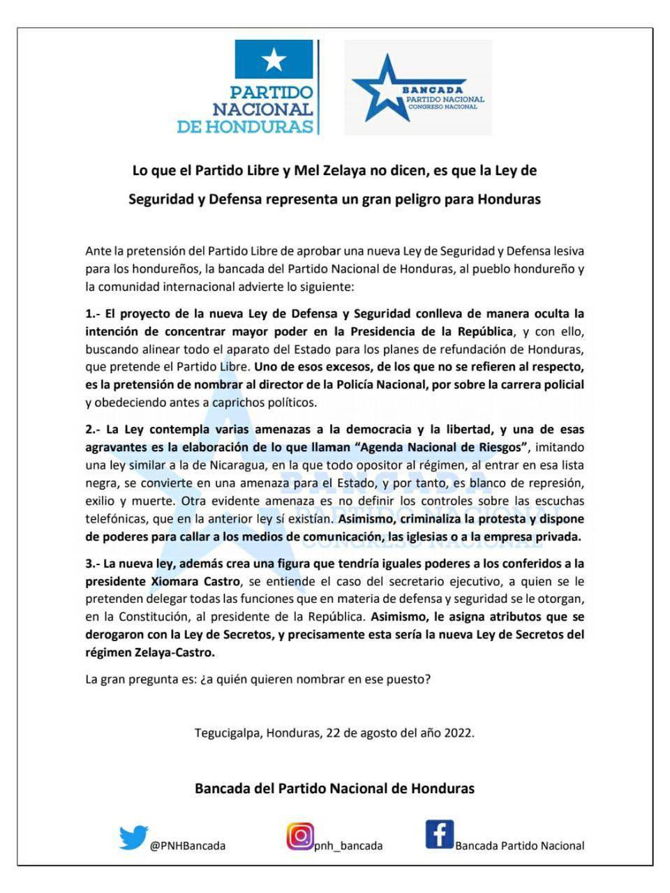 Retomar Ley de Secretos y una figura con igual poder a Xiomara: Partido Nacional enumera amenazas de la Ley de CNDS