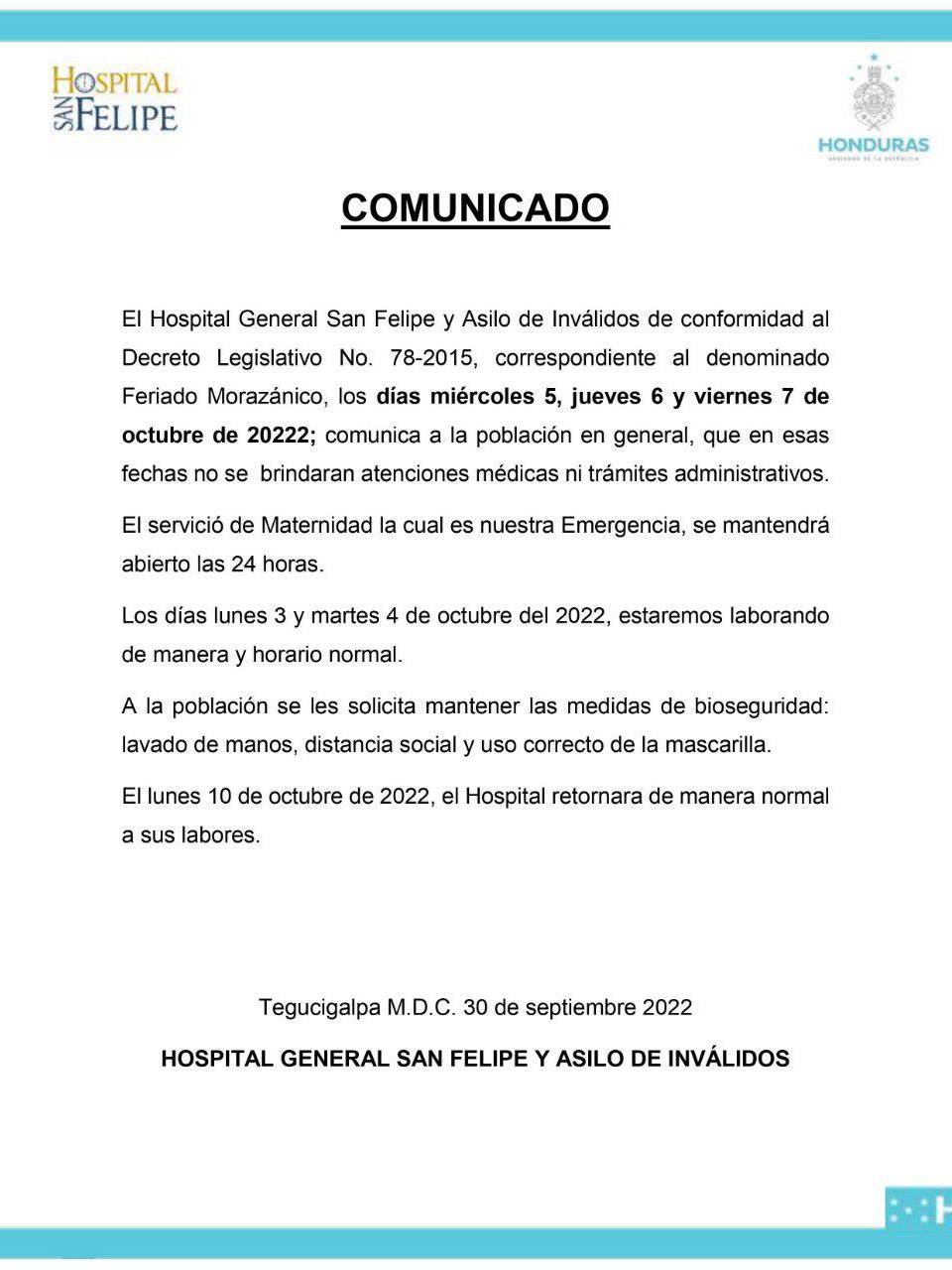 Así atenderá el Hospital San Felipe durante el Feriado Morazánico