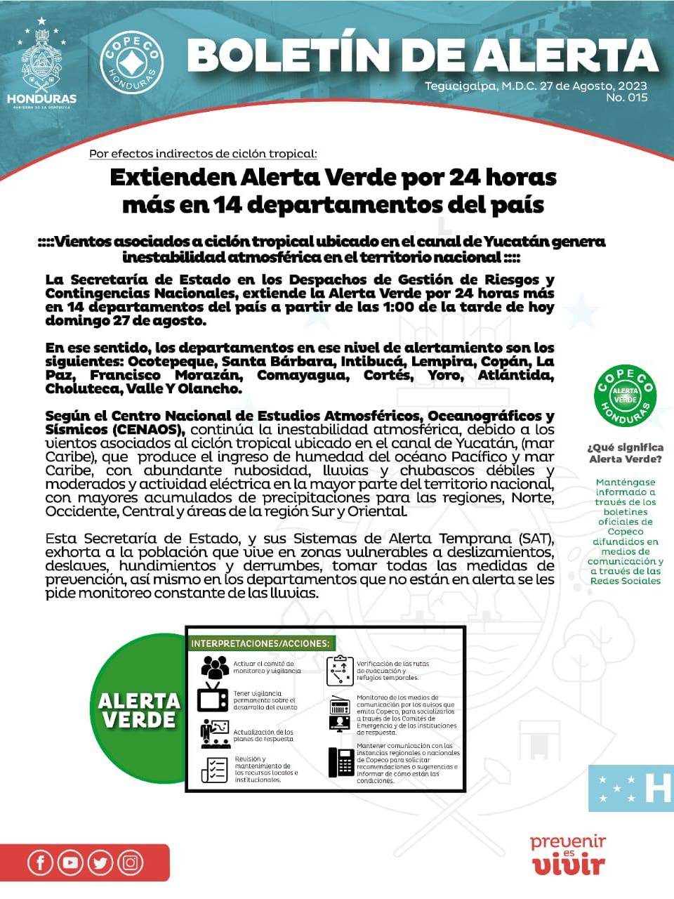 Extienden alerta verde por 24 horas más en 14 departamentos del país