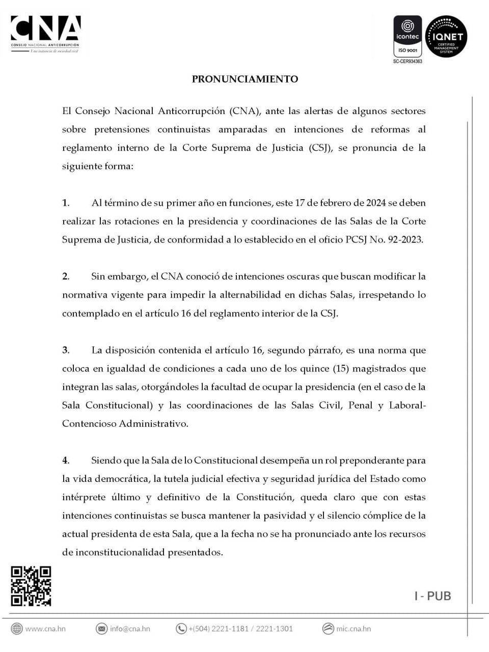 CNA denuncia “intenciones oscuras” para impedir alternabilidad en salas de la CSJ