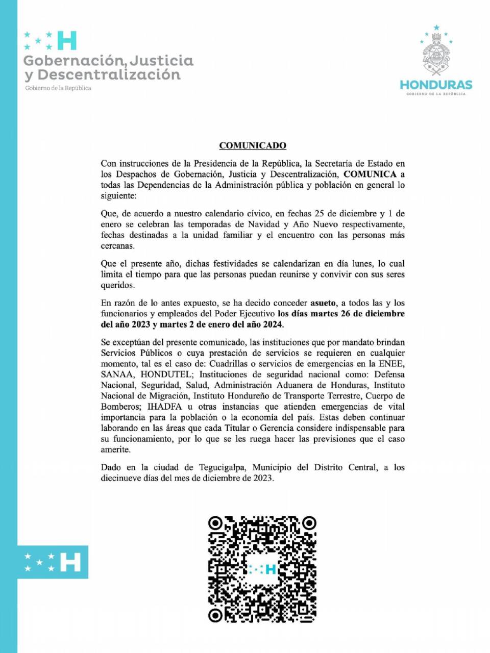 Comunicado de la Secretaría de Gobernación, Justicia y Descentralización.