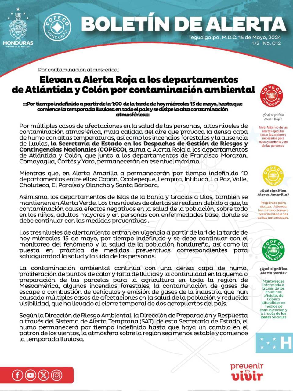 Extienden alerta roja por contaminación para Atlántida y Colón