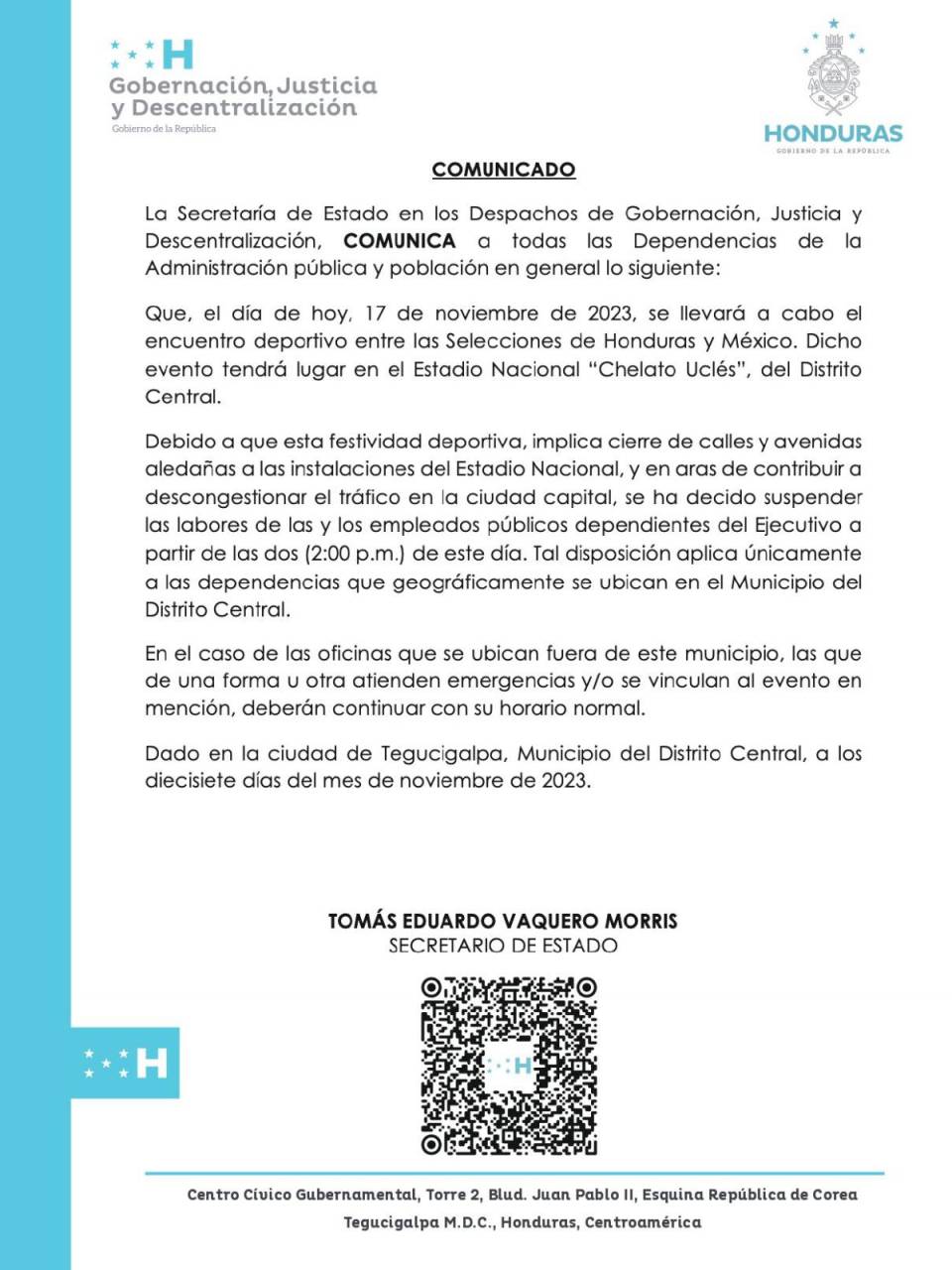 Gobierno otorga asueto a empleados públicos por partido Honduras-México