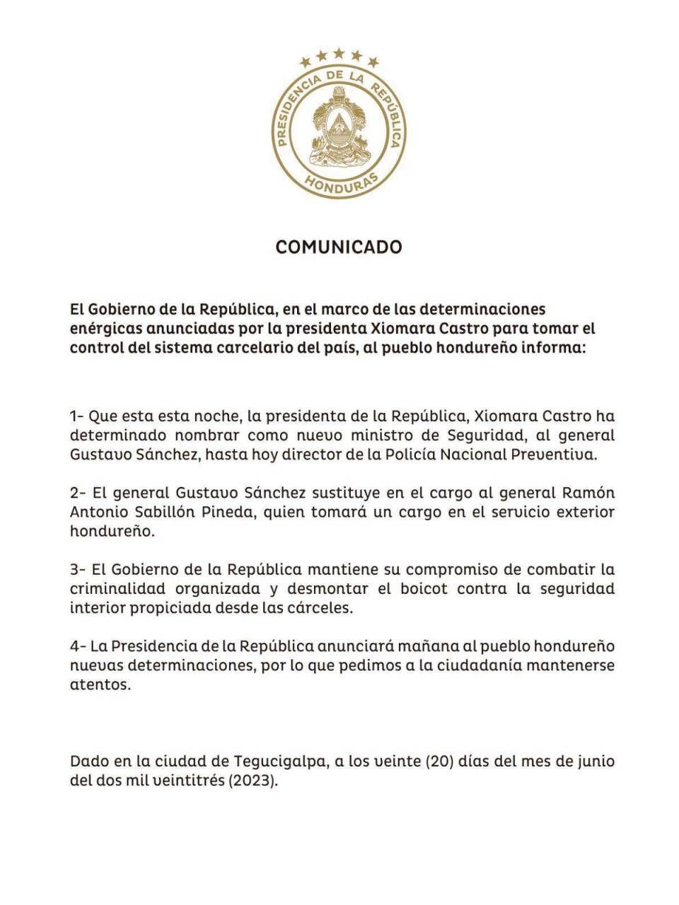 Xiomara Castro designa a Gustavo Sánchez como nuevo ministro de Seguridad; sustituye a Ramón Sabillón