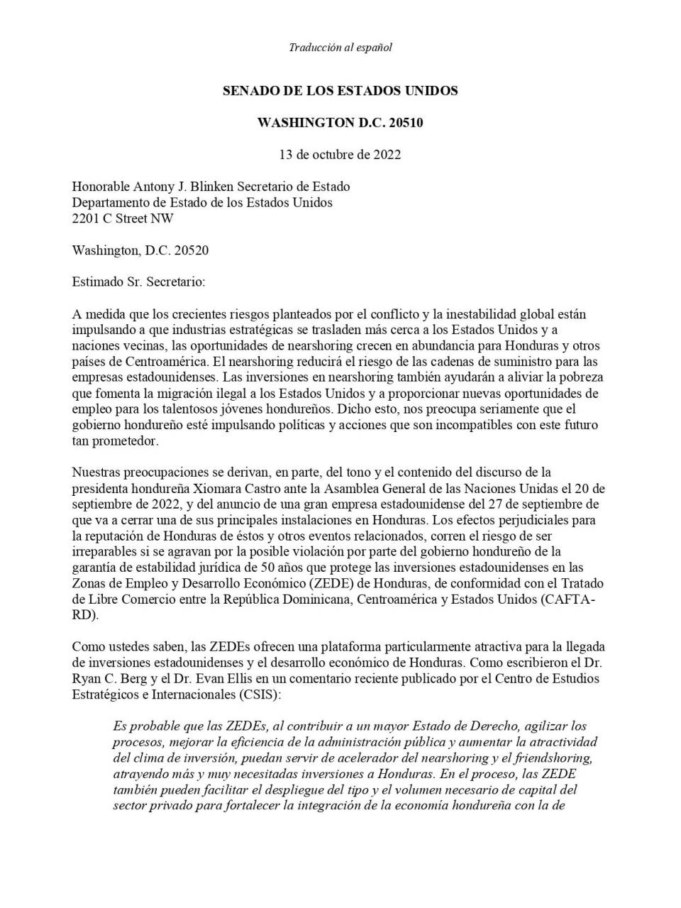 Senadores instan al Departamento de Estado alentar a Honduras a respetar inversión en las ZEDE