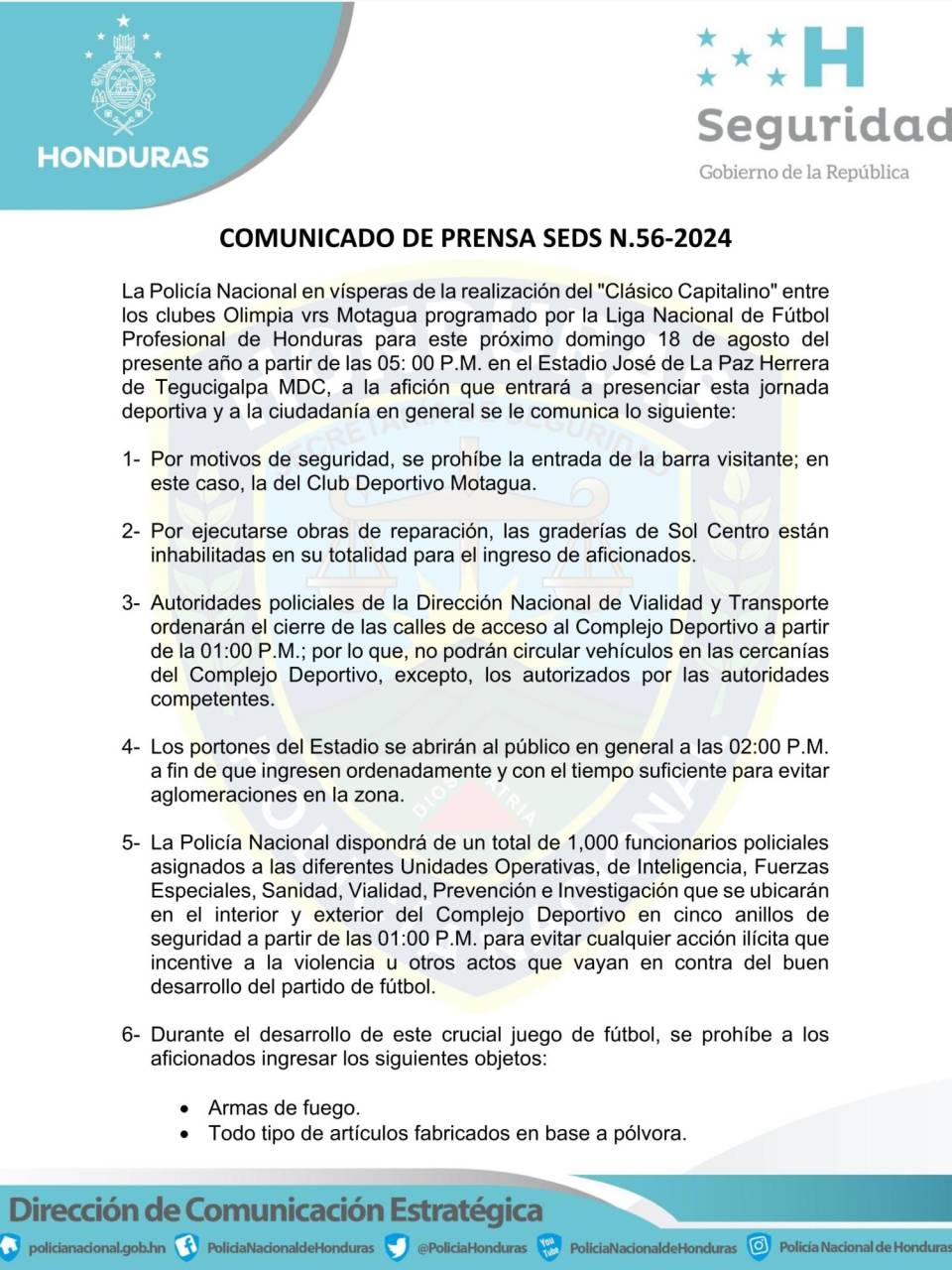 Prohíben ingreso de barra del Motagua para el clásico contra Olimpia en el “Chelato” Uclés