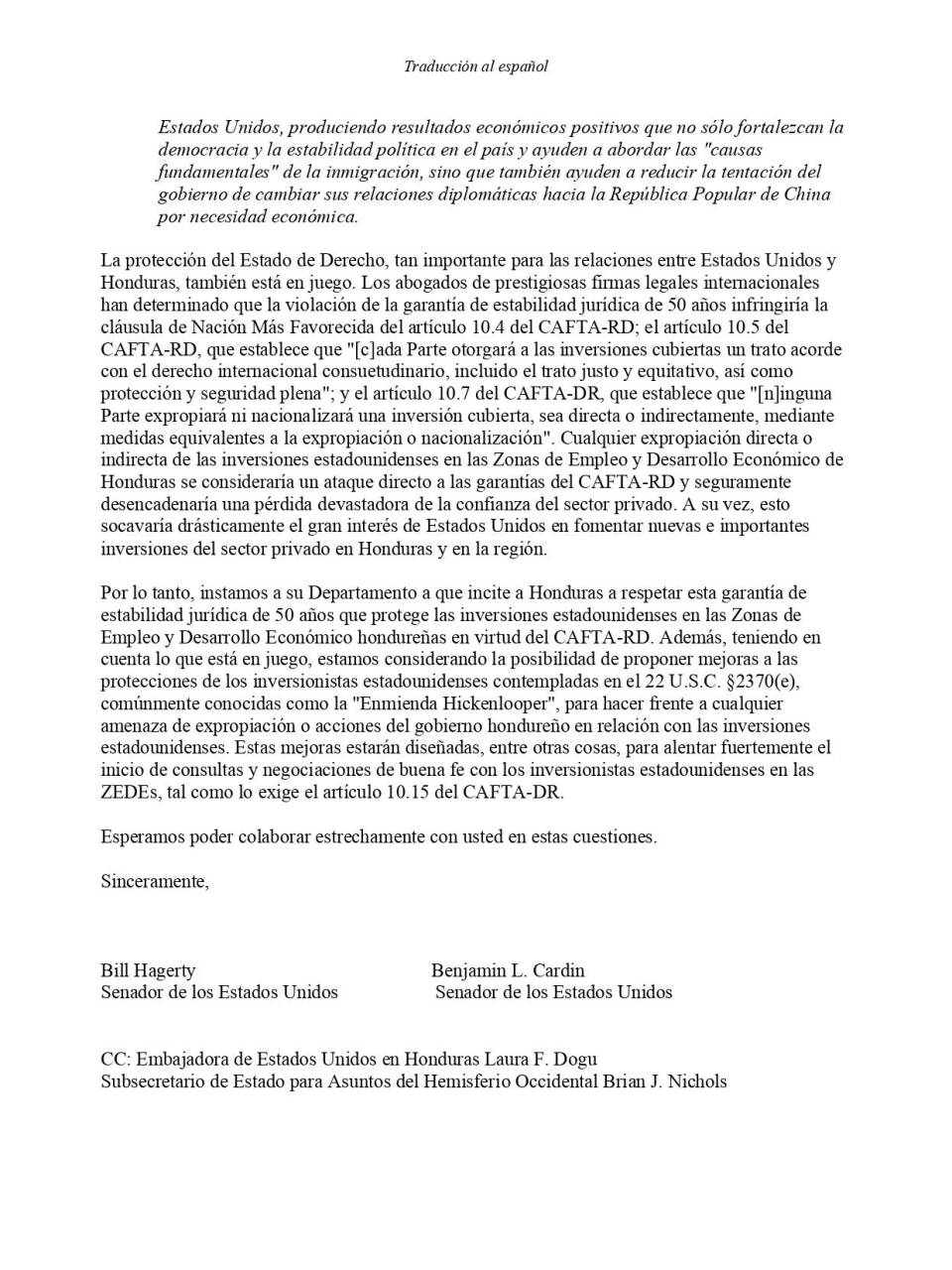 Senadores instan al Departamento de Estado alentar a Honduras a respetar inversión en las ZEDE