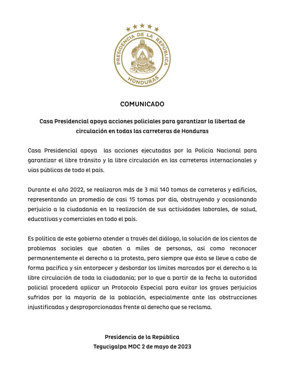 Gobierno apoya acciones de la Policía, tras desalojo de protesta en la CA-5