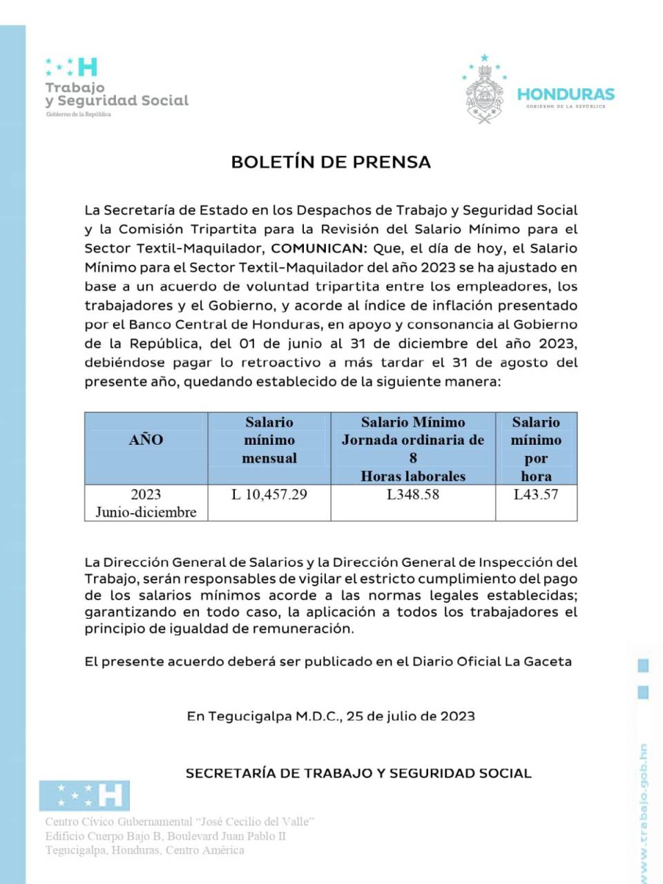 Acuerdan nuevo ajuste al salario mínimo de maquilas en Honduras